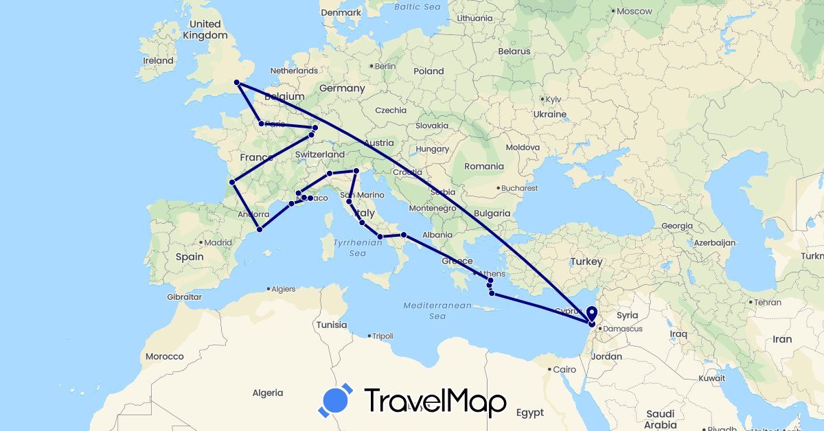 TravelMap itinerary: driving in Spain, France, United Kingdom, Greece, Italy, Lebanon, Vatican City (Asia, Europe)